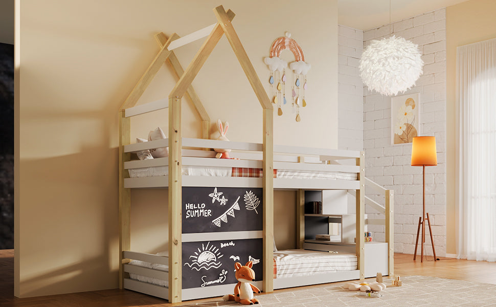 Cozy Twin House Bunk Bed with Storage Steps & 2 Fun Blackboards