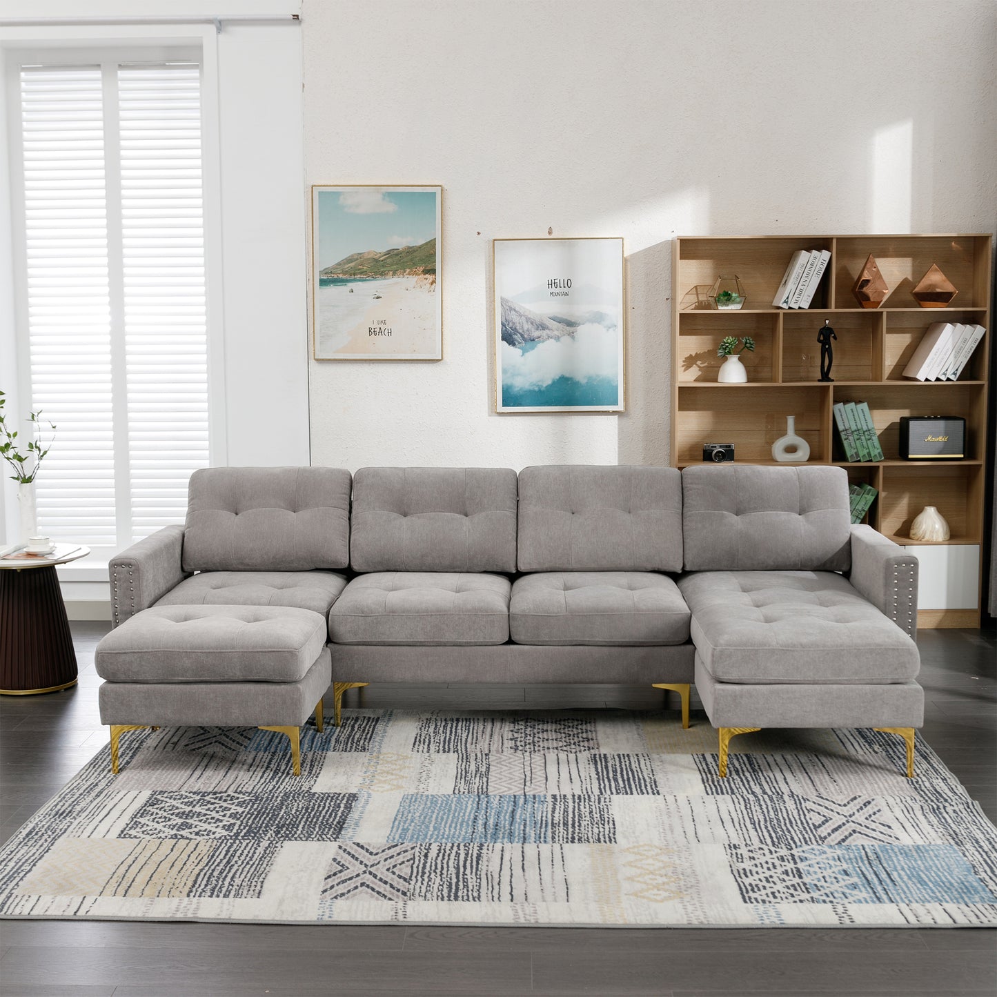 Cozy L-Shaped Sectional Sofa with Movable Ottoman - Light Grey