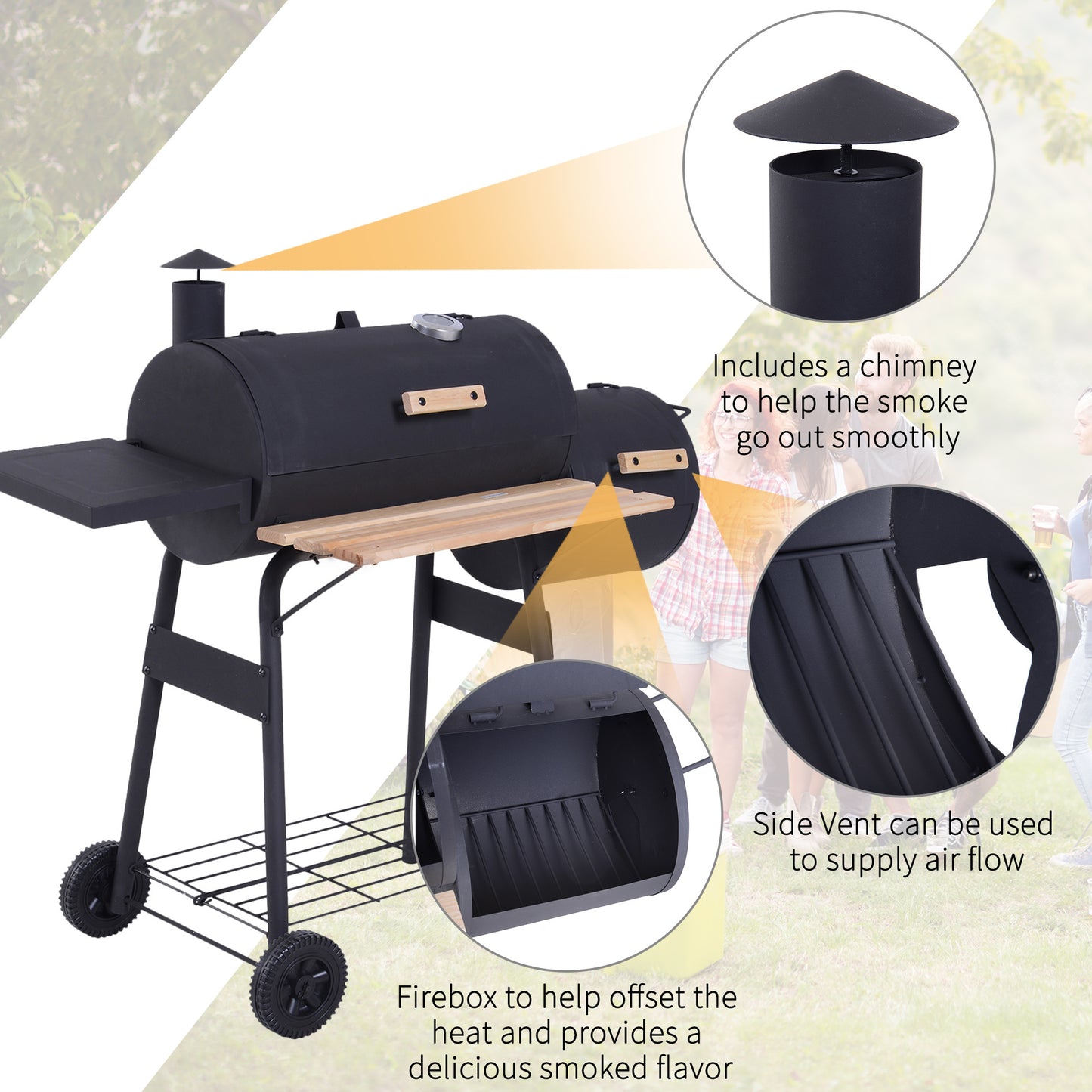 Outsunny Portable Charcoal Grill & Smoker with Wheels