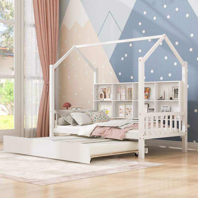 Cozy Wood House Bed with Trundle for Kids