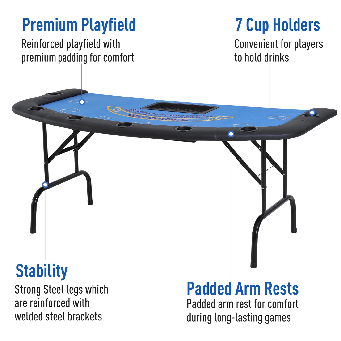 Foldable 7-Player Poker & Blackjack Table with Cup Holders – Blue Felt Fun!