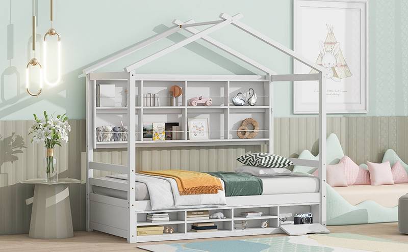 Cozy Twin House Bed with Roof & Storage