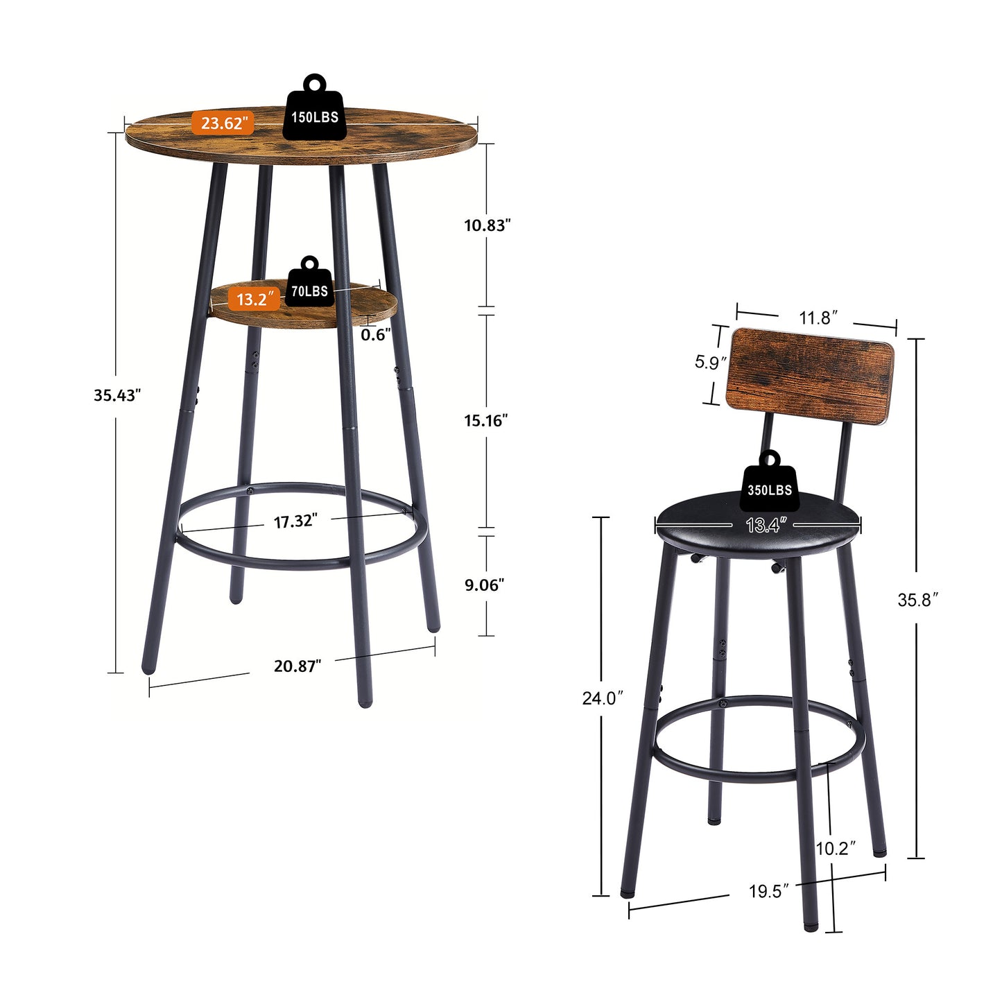 Rustic Charm Bar Stool Duo with Shelf and Backrest