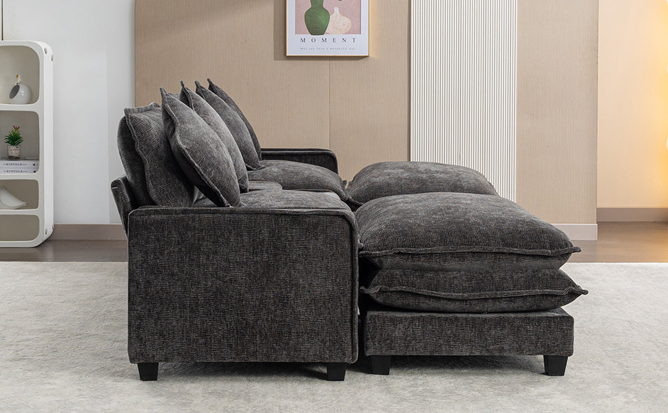 Cozy Black Chenille Sectional Sofa with Ottomans and USB Ports