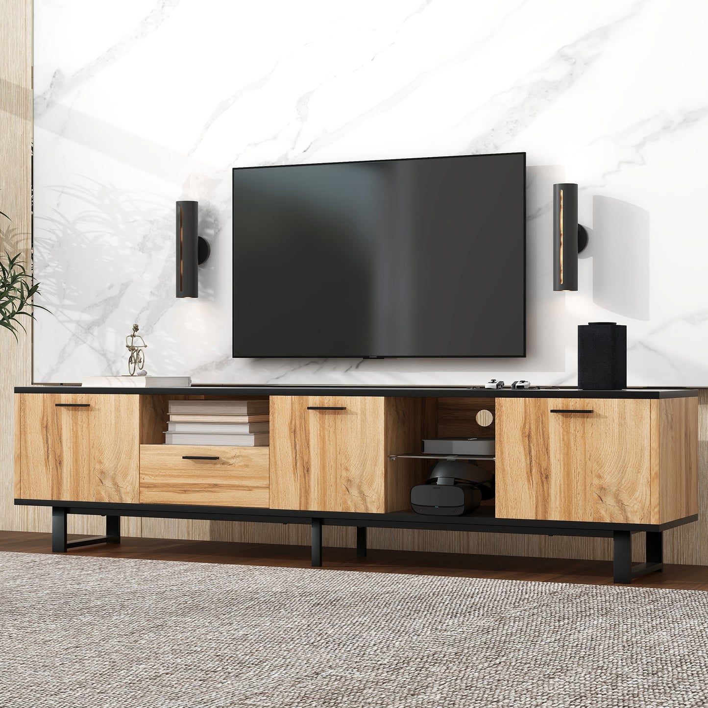 Sleek Media Console with Cabinets and Open Shelves