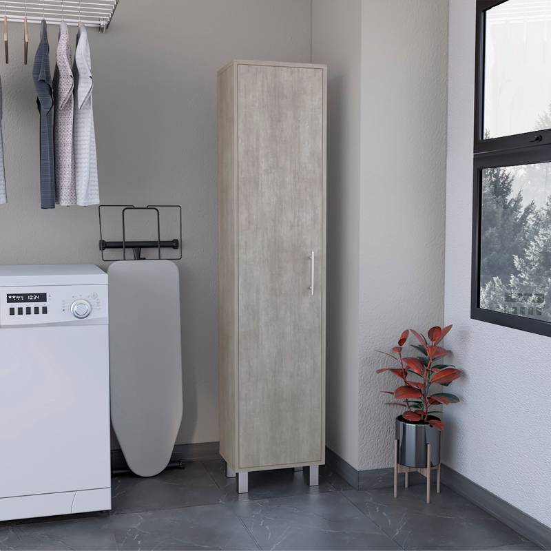 Sleek Tall Storage Cabinet with Shelves and Broom Hangers – Concrete Gray