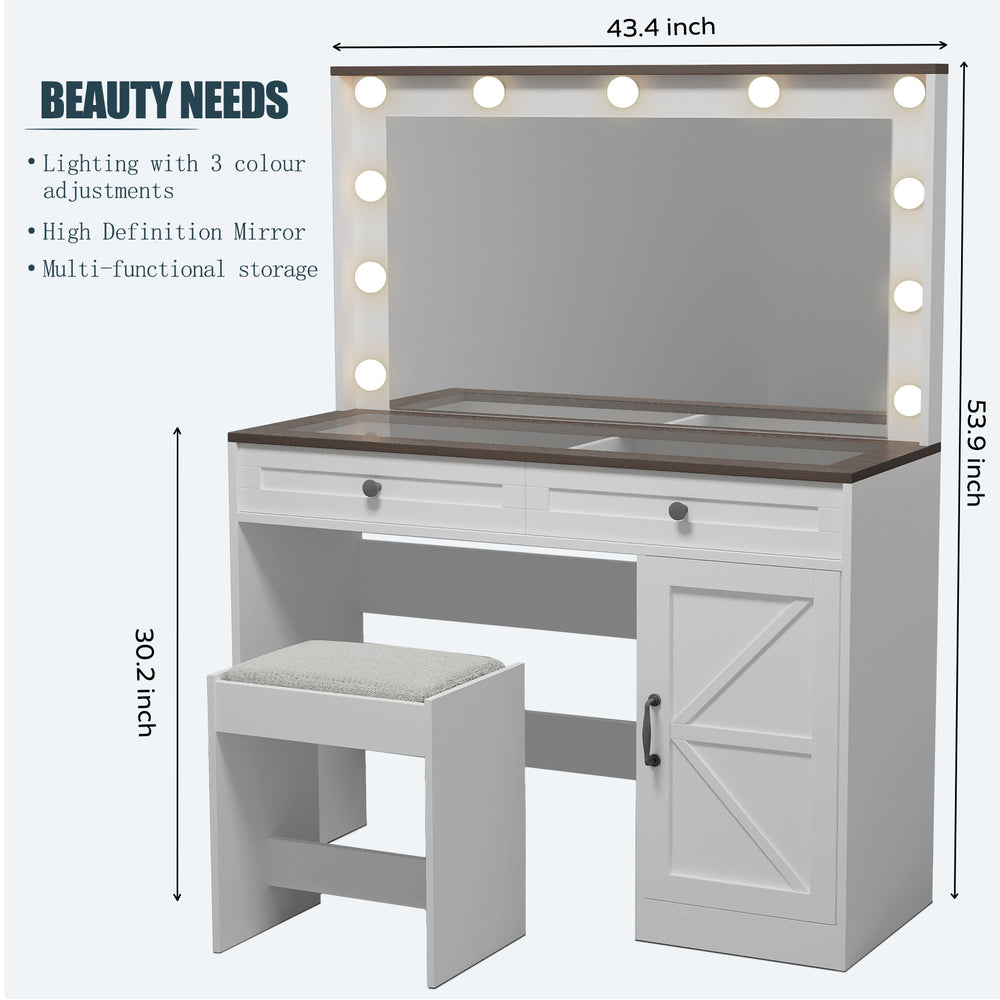 Glam Glow Vanity: Bright Mirror Makeup Table with Adjustable Lights & Storage Drawers