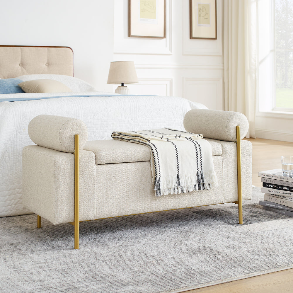 Chic Linen Storage Bench with Stylish Arms and Sturdy Legs