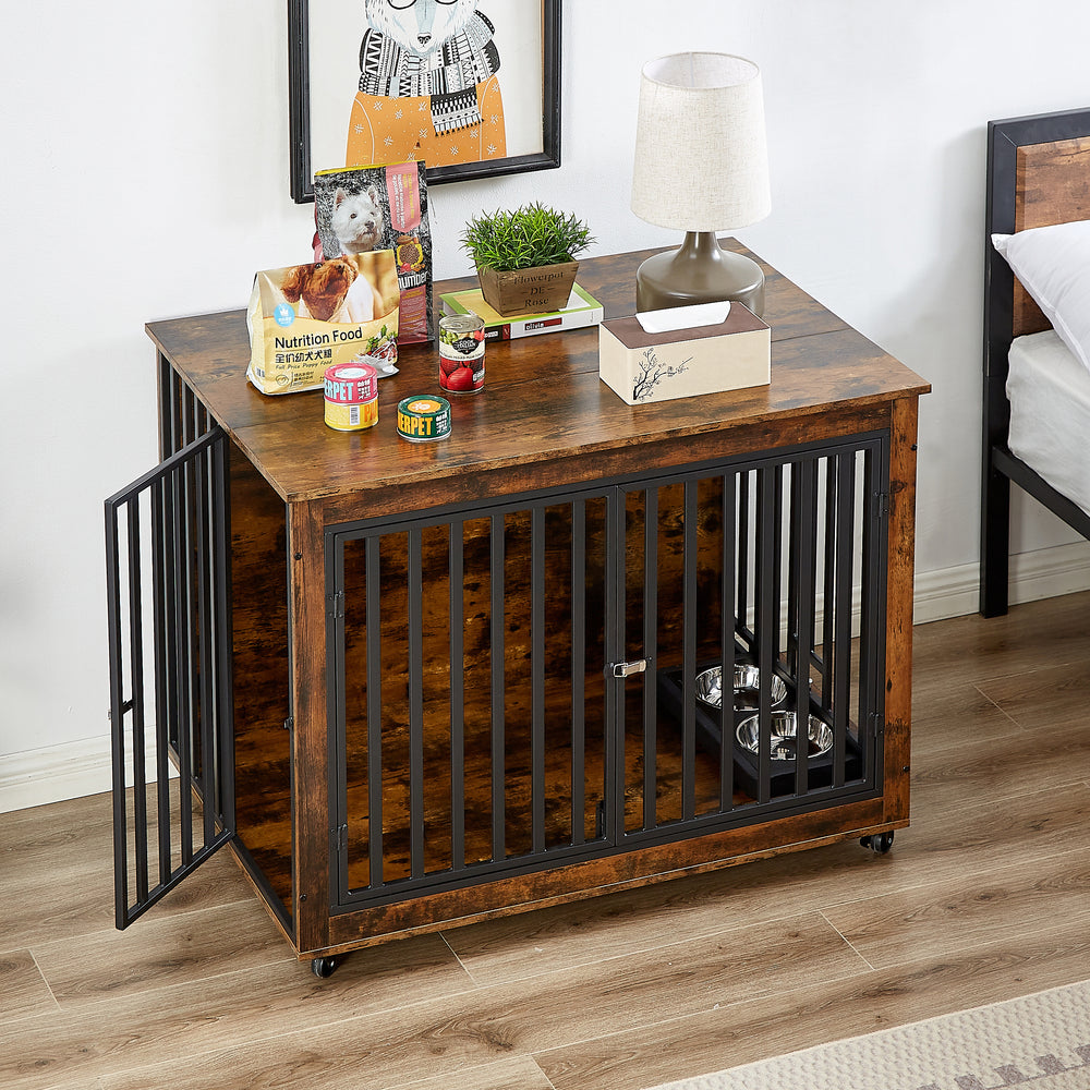 Rustic Dog Crate Side Table with Feeding Bowl and Wheels