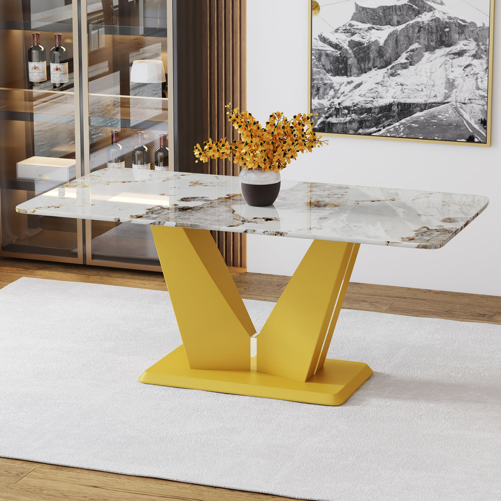 Chic Marble-Style Dining Table with Gold Legs