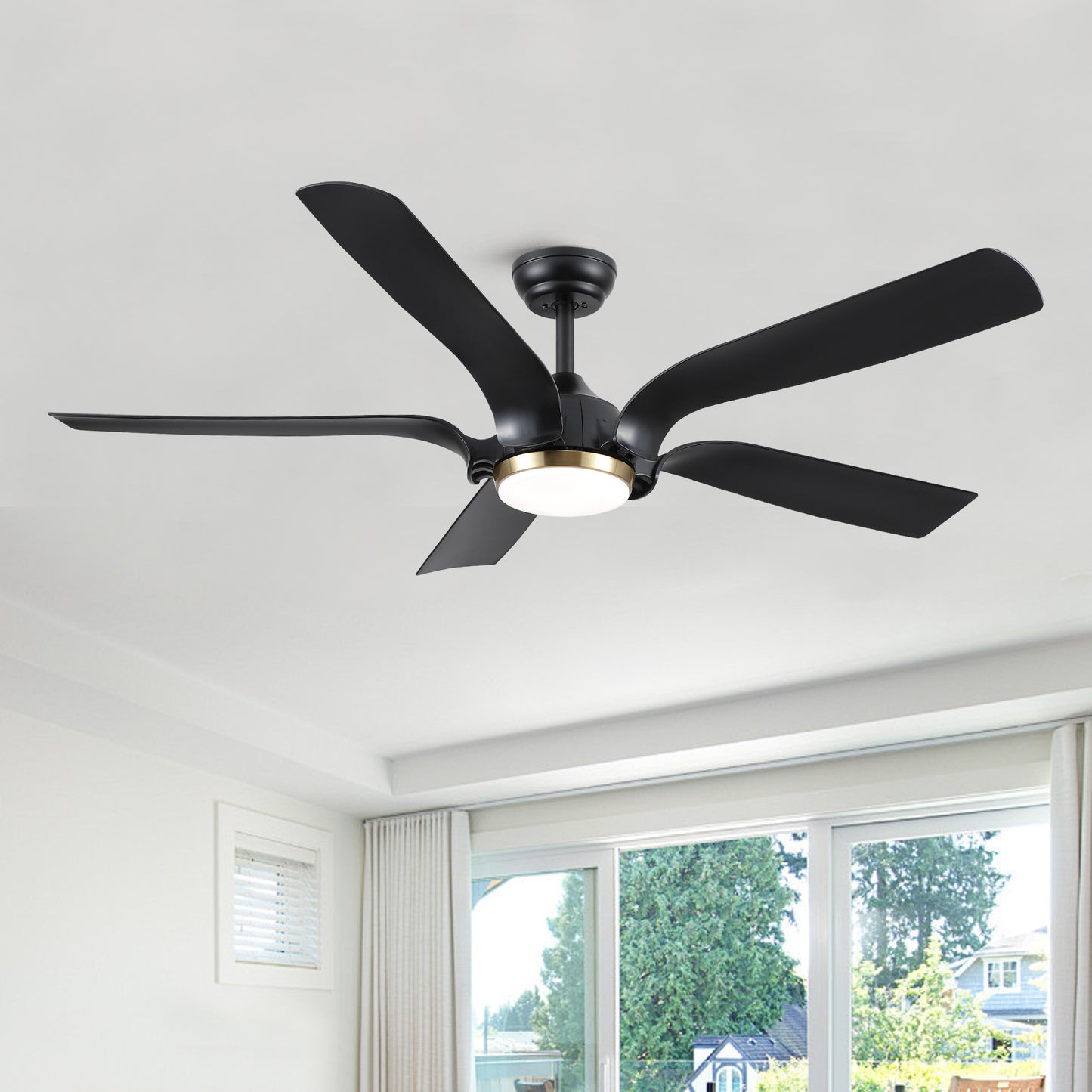 Smart Ceiling Fan with Sleek Matte Black Finish and Antique Brown Blades