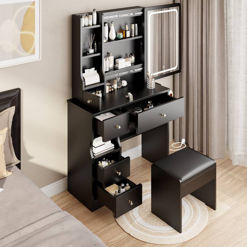 Chic Space-Saver Vanity Set with LED Mirror & Power Hub