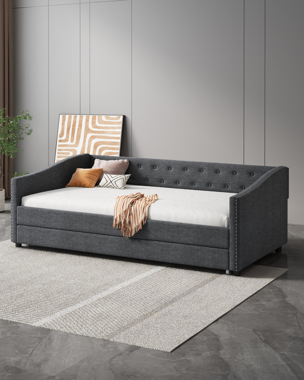 Cozy Grey Twin Daybed with Trundle & Chic Button Detail