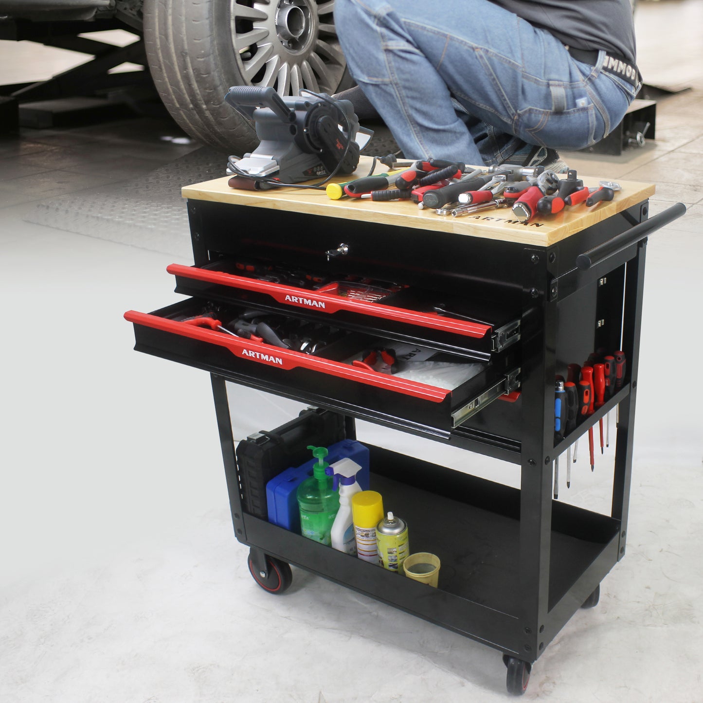 Rolling Tool Cart with Wooden Top and Storage Drawers