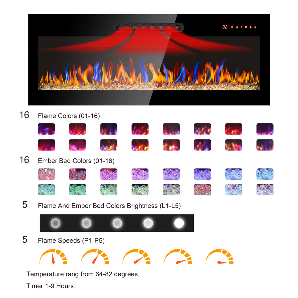 Sleek Wall-Mounted Electric Fireplace with Colorful Flames and Remote Control