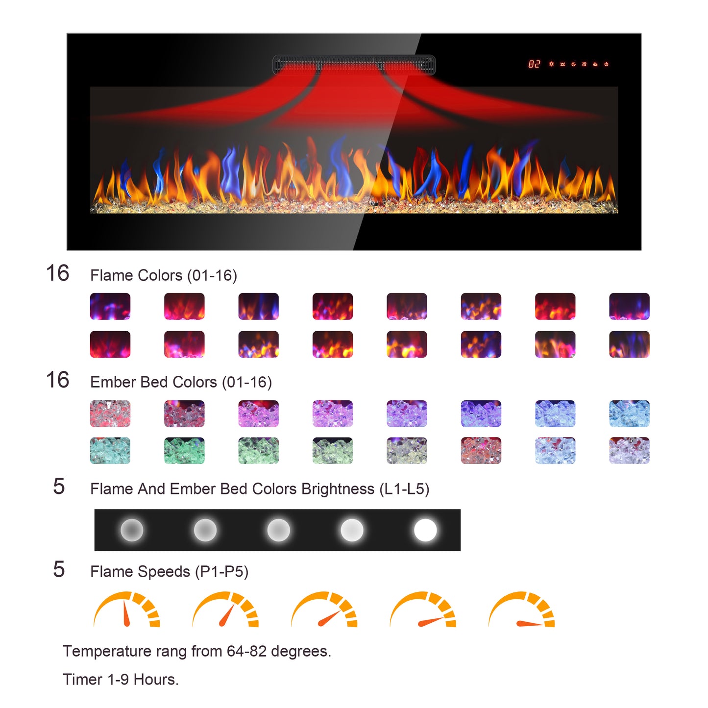 Sleek Glass Wall-Mounted Electric Fireplace with Remote & Color Flames