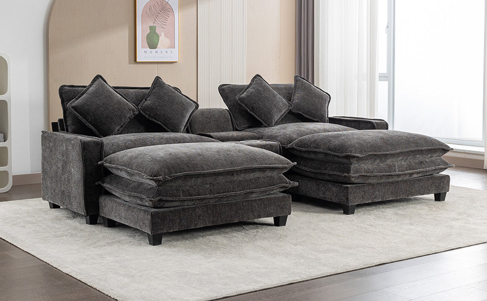 Cozy Black Chenille Sectional Sofa with Ottomans and USB Ports