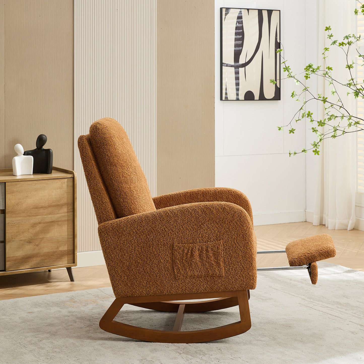 Cozy Glider Rocking Chair with Footrest & Side Pocket - Caramel