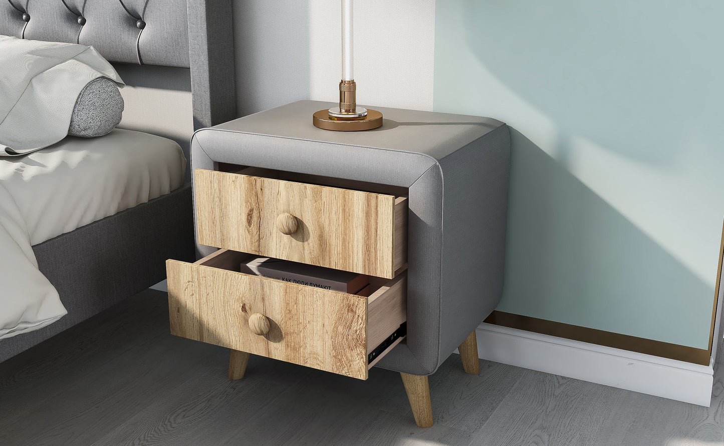 Gray Upholstered Nightstand with Drawers