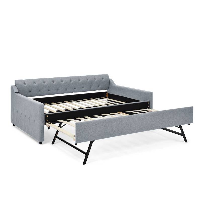 Linen Grey Daybed with Trundle and USB Charging