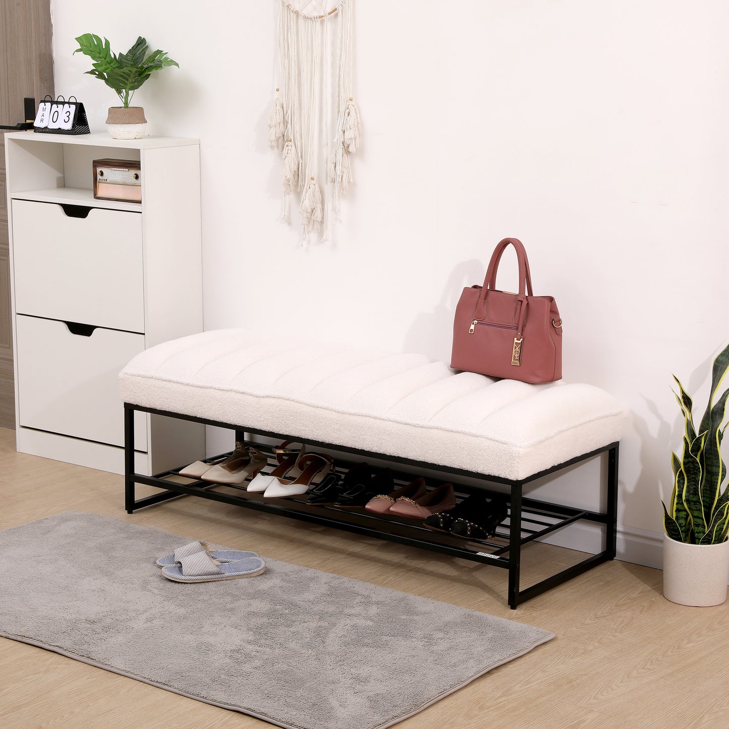 Cozy Channel-Tufted Bench with Chic Metal Shelf