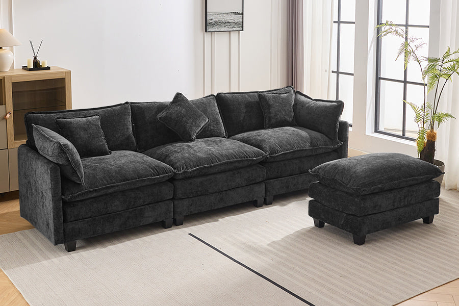 Chic L-Shape Chenille Sofa with Ottoman & Pillows