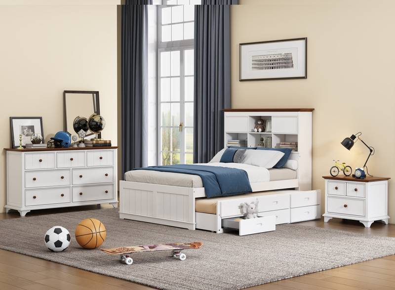 Charming Captain's Bedroom Set: Full Bed, Nightstand & Dresser in White and Walnut