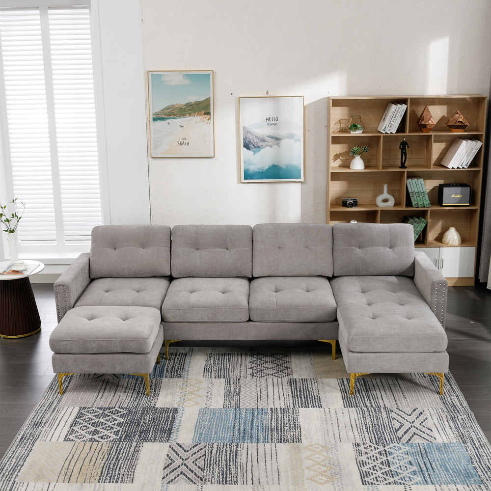 Cozy L-Shaped Sectional Sofa with Movable Ottoman - Light Grey