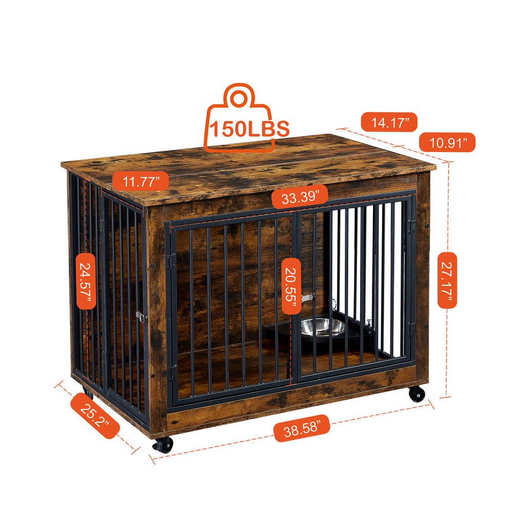 Rustic Dog Crate Side Table with Rotating Bowl and Wheels