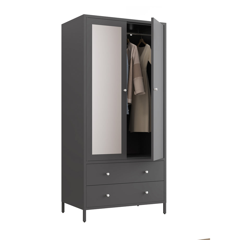 Sleek Metal Wardrobe with Mirror & Drawers