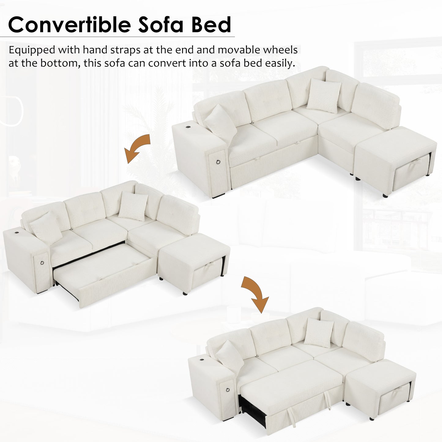 Haven L-Shaped Sofa Bed with Ottoman & USB Ports - Beige