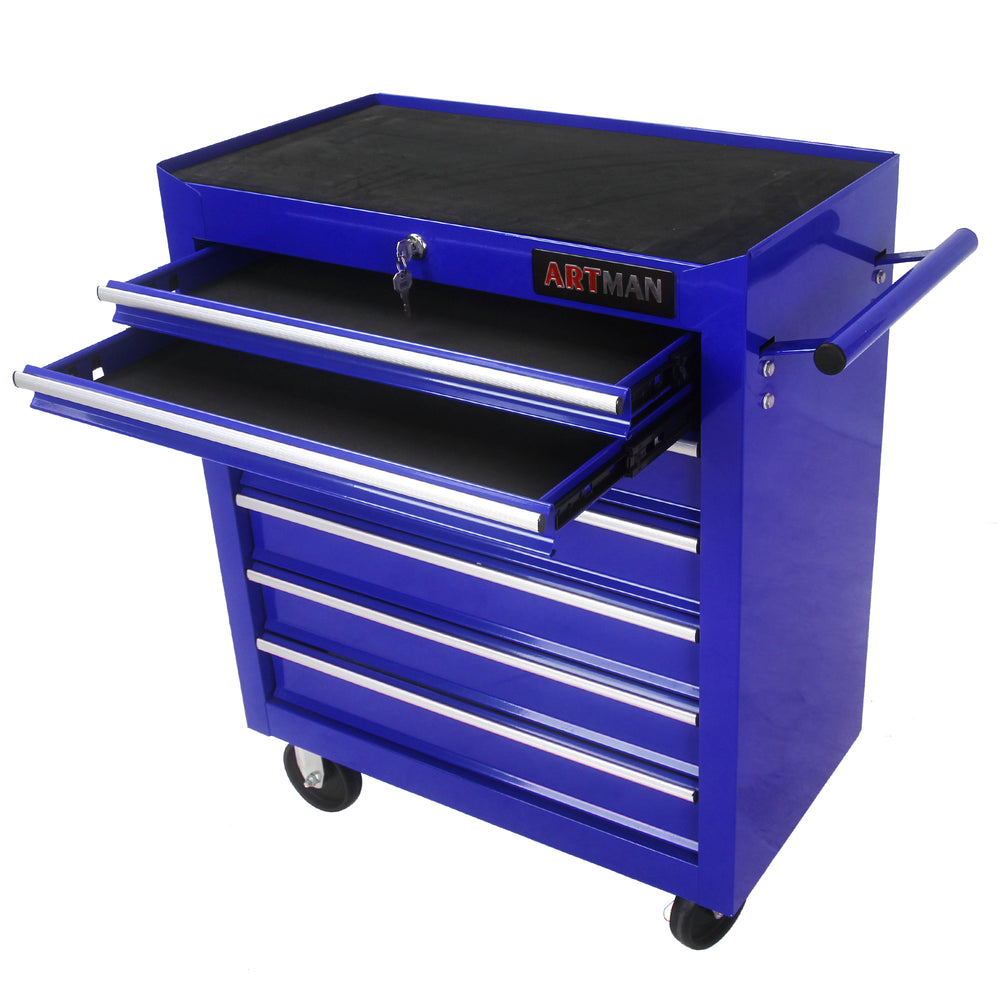 Blue Rolling Tool Cart with Seven Spacious Drawers