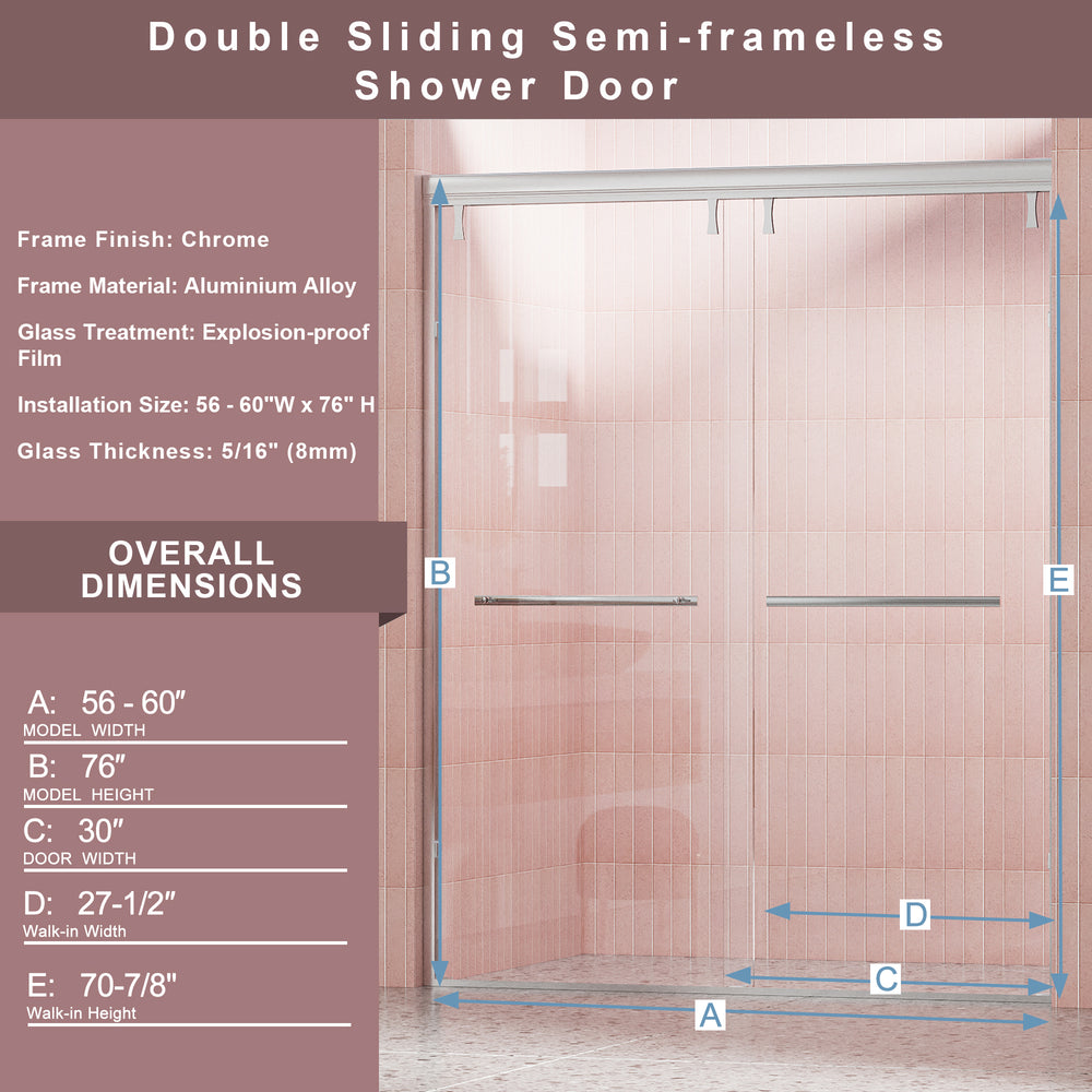 Sleek Slide Shower Door - Clear Safety Glass & Chrome Finish