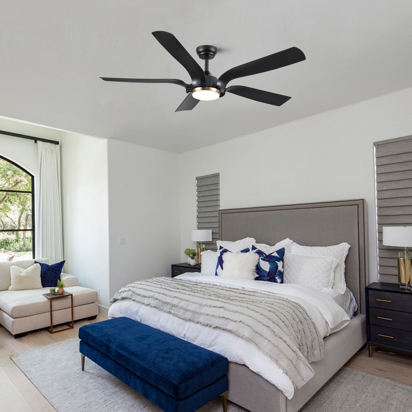 Smart Ceiling Fan with Sleek Matte Black Finish and Antique Brown Blades