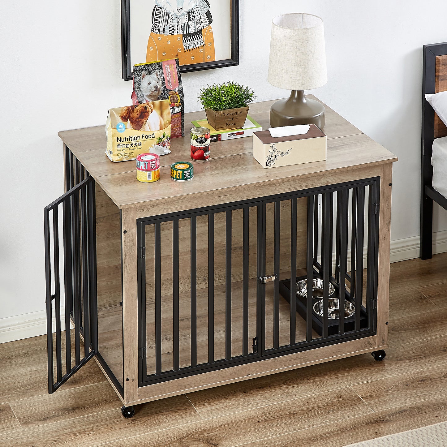 Cozy Retreat Dog Crate Table with Wheels & Feeding Bowls