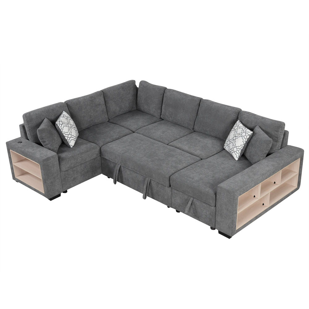 Cozy U-Shaped Sofa Bed with USB Ports & Storage Chaise