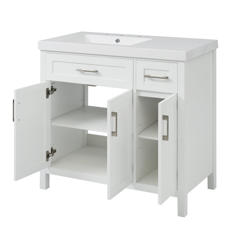 Elegant White Bathroom Vanity with Integrated Sink and Ample Storage