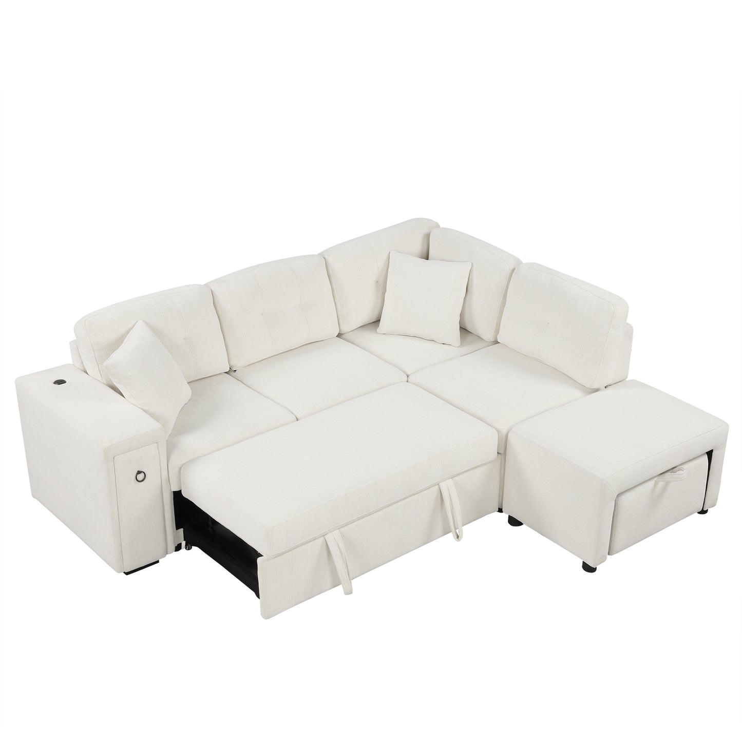 Haven L-Shaped Sofa Bed with Ottoman & USB Ports - Beige