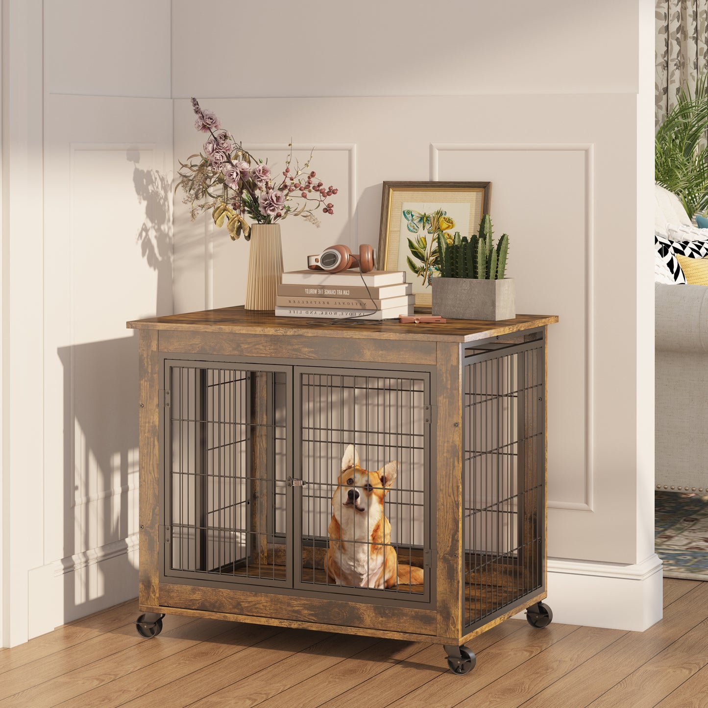 Rustic Dog Crate Side Table on Wheels