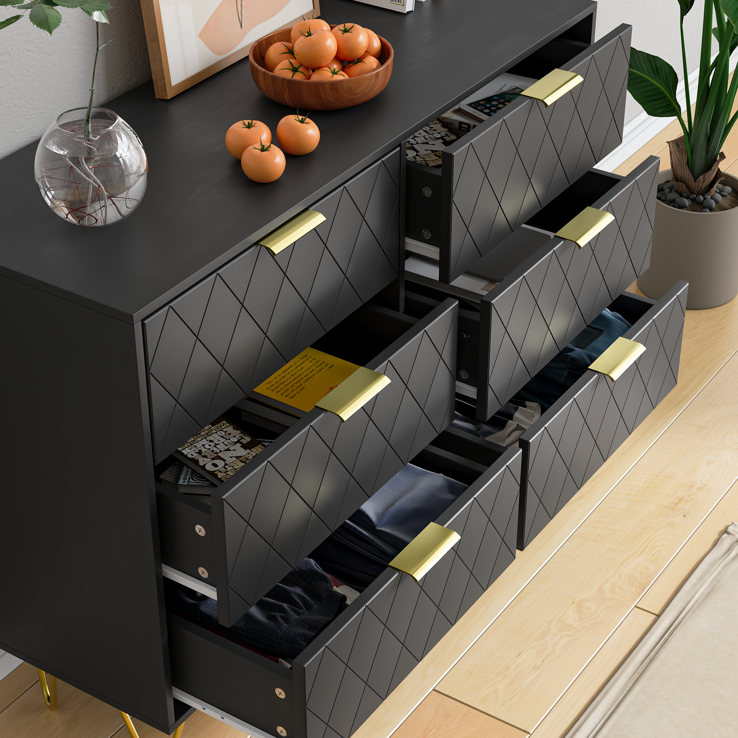 Sleek Black 6-Drawer Dresser with Gold Accents