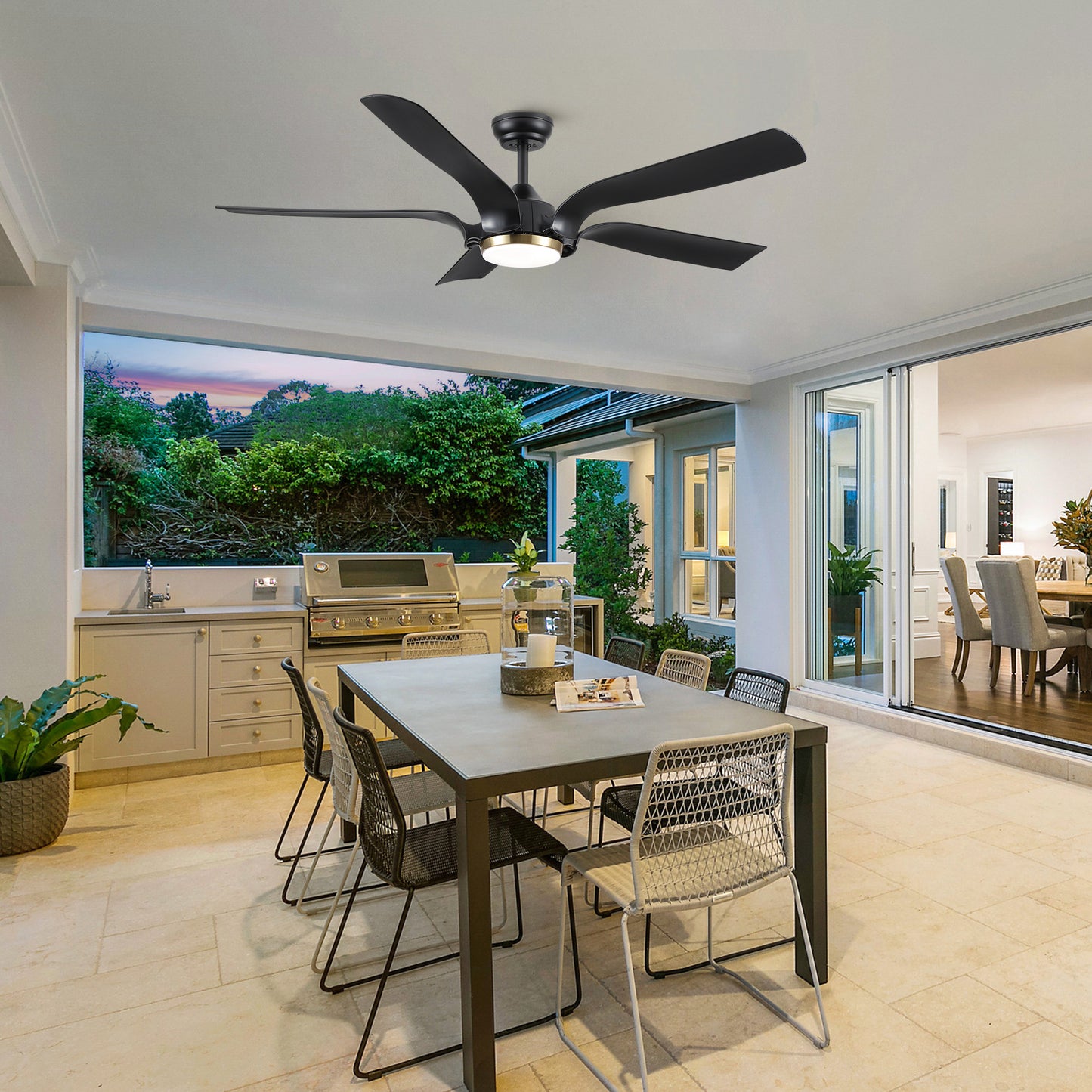 Smart Ceiling Fan with Sleek Matte Black Finish and Antique Brown Blades