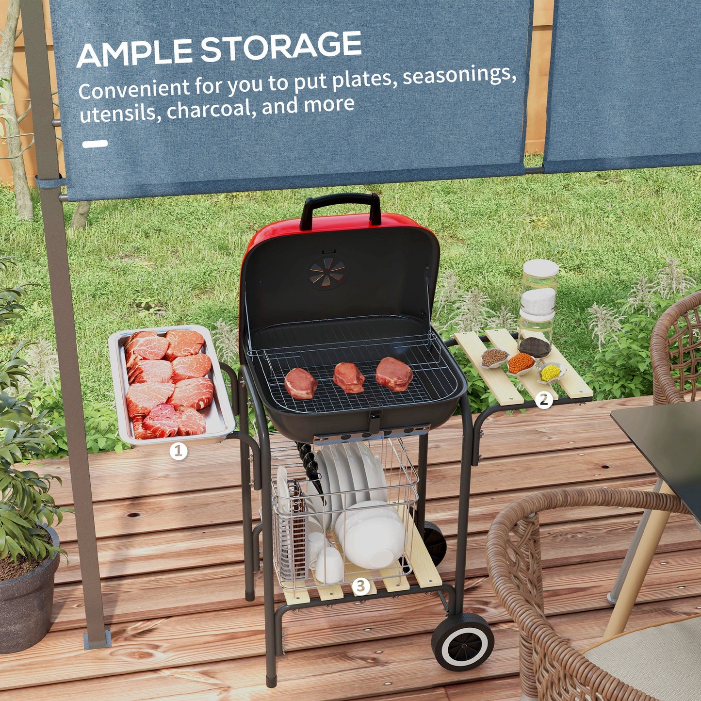 Red Hot Portable Charcoal Grill with Wheels and Side Tables