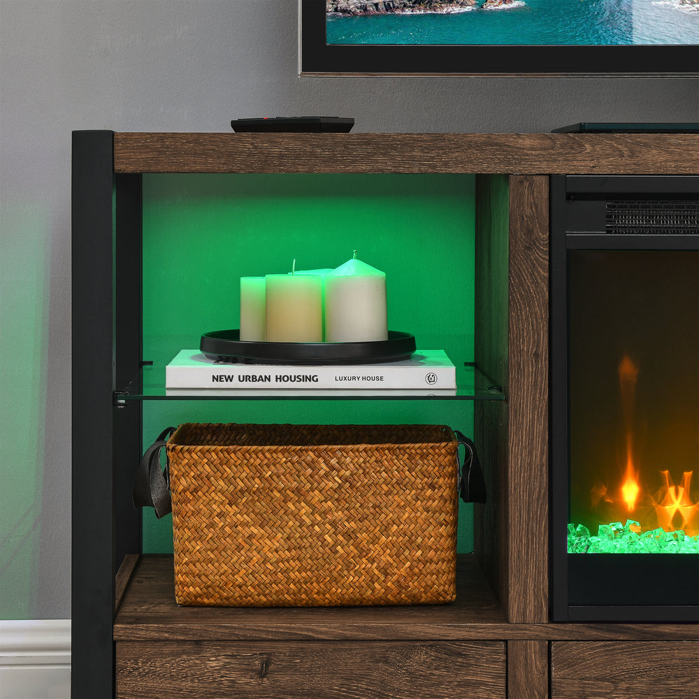 Cozy LED Fireplace TV Stand in Rustic Barnwood