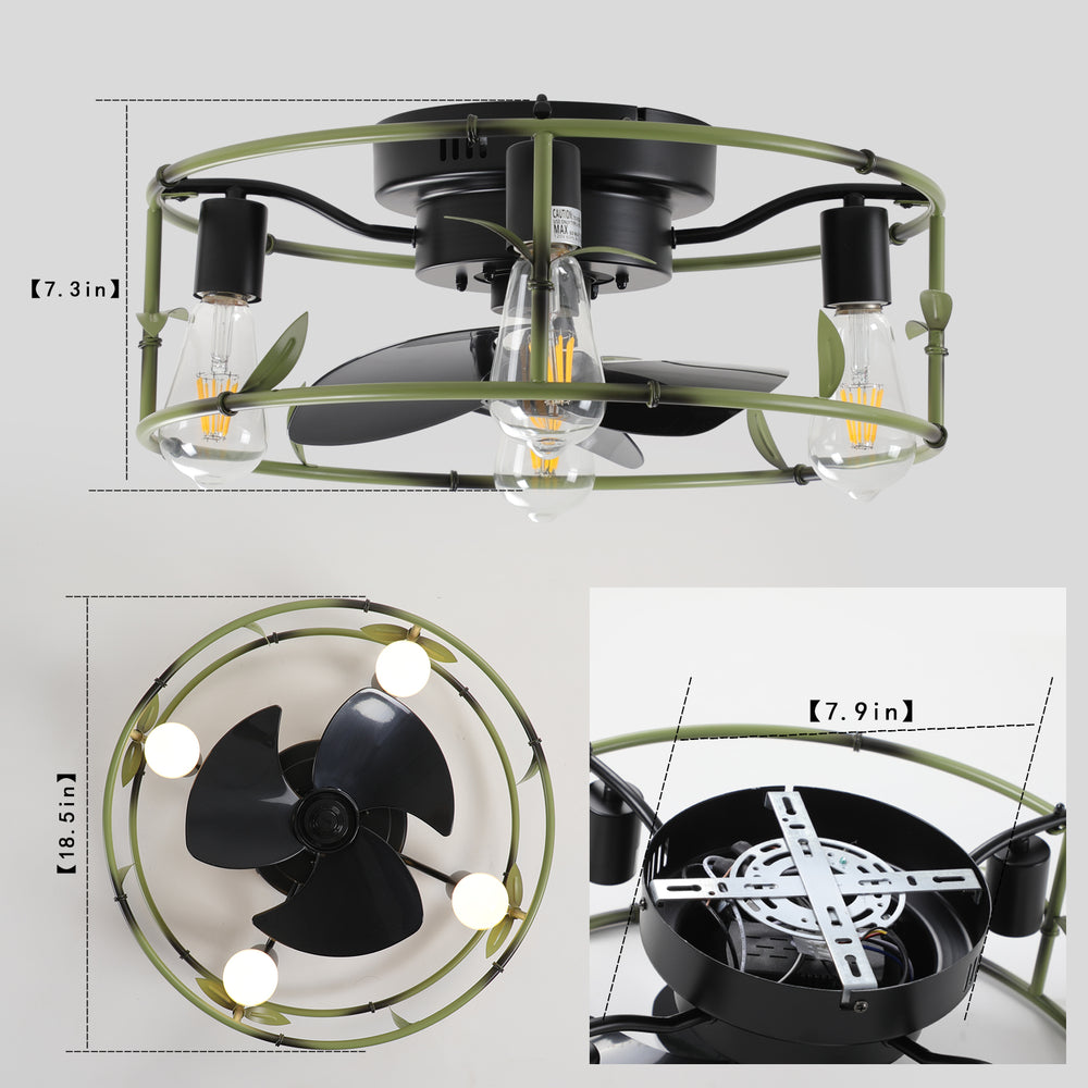 Chic Green Flush Mount Ceiling Fan with Lights & Remote