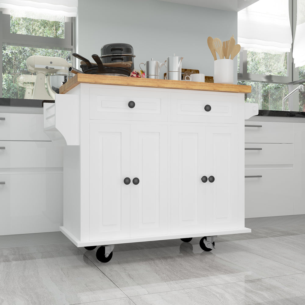 Versatile White Kitchen Island Cart with Storage & Locking Wheels