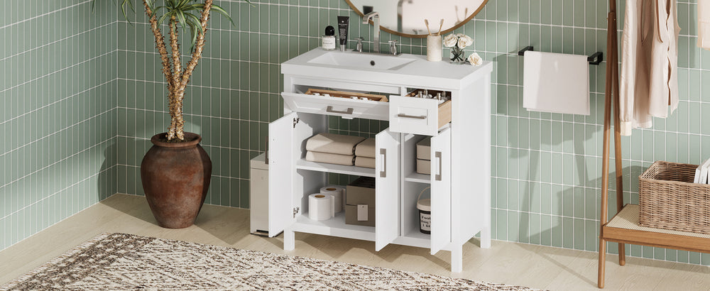 Elegant White Bathroom Vanity with Integrated Sink and Ample Storage