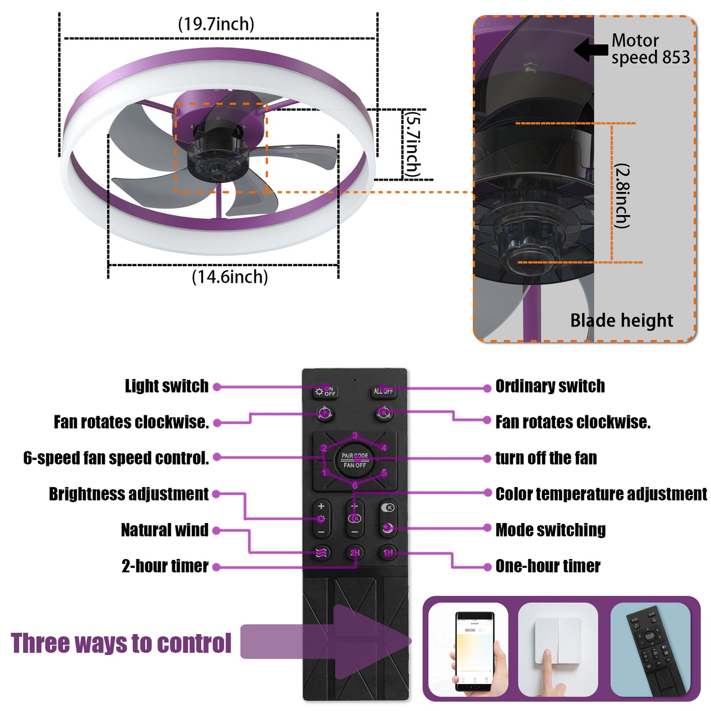 Dimmable LED Ceiling Fan - Modern Aura in Purple