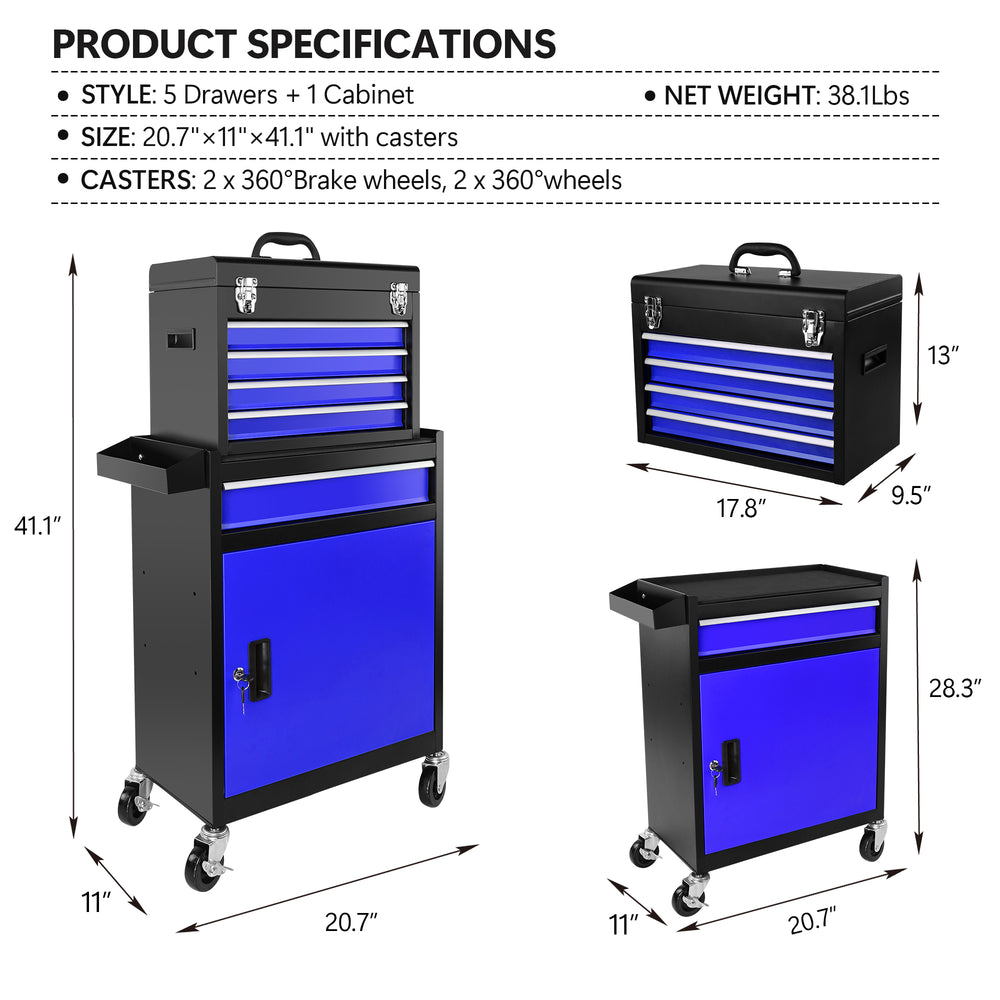 Rolling Tool Chest with Lockable Wheels & Organizer