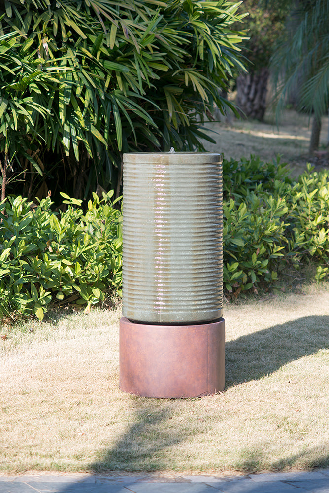 Rustic Green Cylinder Fountain & Bird Bath