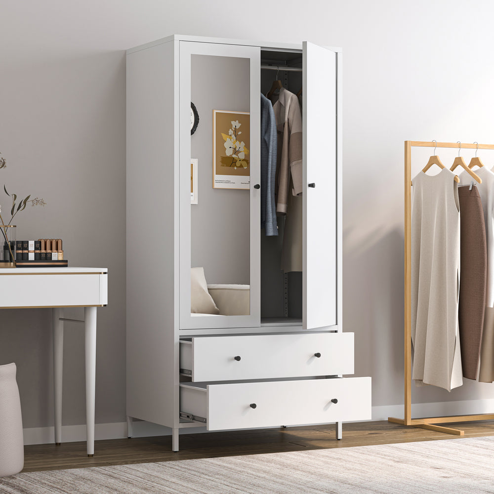 Chic White Metal Wardrobe with Mirror and Drawers